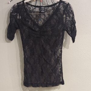 Vanity Y2K Lace Grunge Gothic Dark Top Sheer Vneck Romantic Edgy Risque Layering